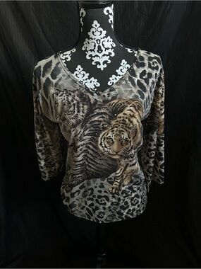 Valentina Long Sleeve V-Neck Animal Print Top - Brown, Black, Gray